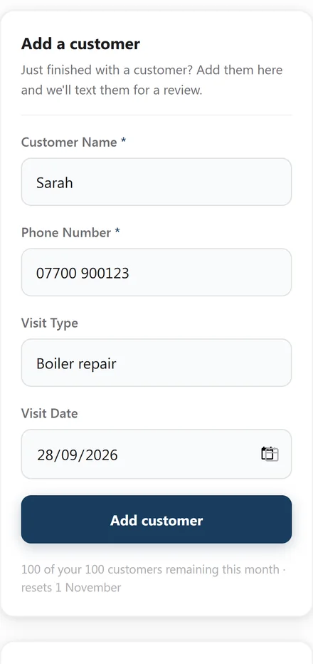 The Add a customer screen, filled in with the name Sarah, the phone number 07700 900123, a job described as Boiler repair and a date, ready to send.