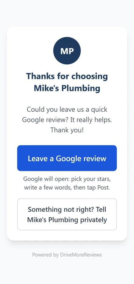The review page a customer sees: Thanks for choosing Mike's Plumbing, a Leave a Google review button, and below it the option to tell the business privately instead.